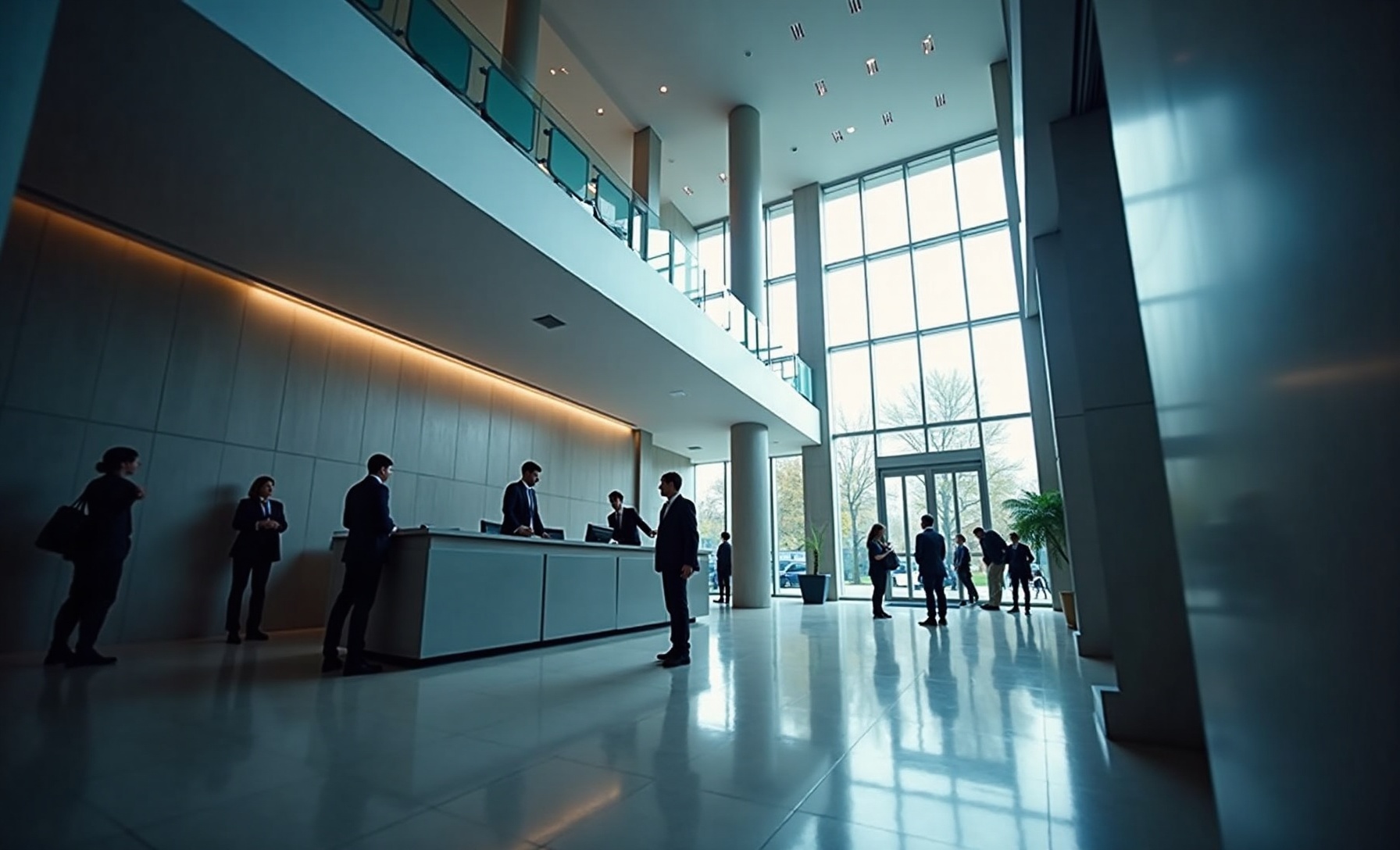 Equipe profissional em recepção corporativa moderna