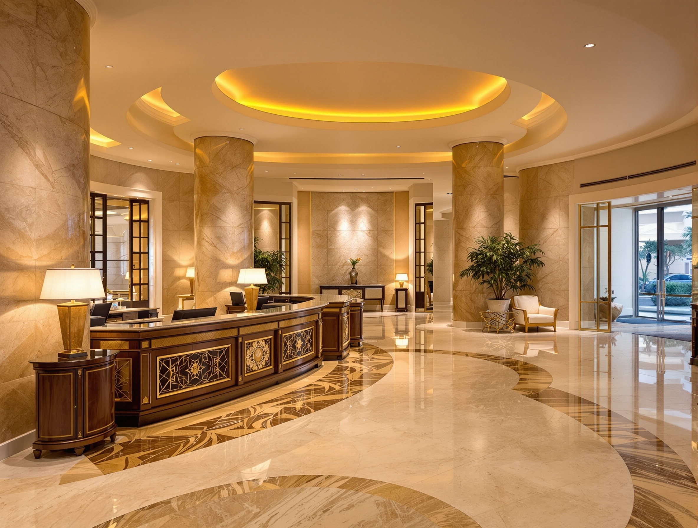 Luxury hotel lobby with restored stone surfaces