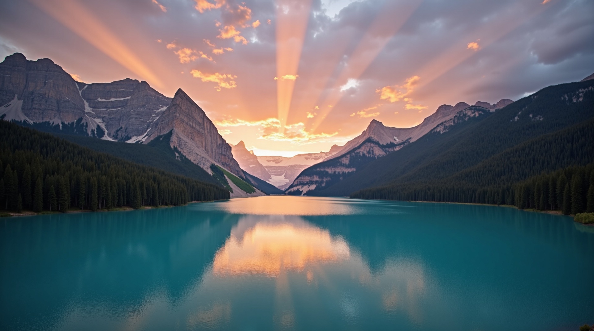 석양이 비치는 호수와 무지개