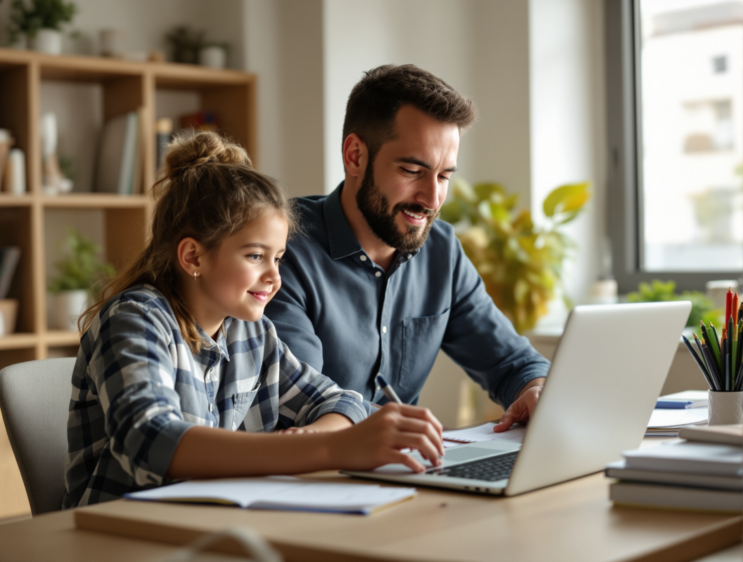 Father helping child with homework at home office