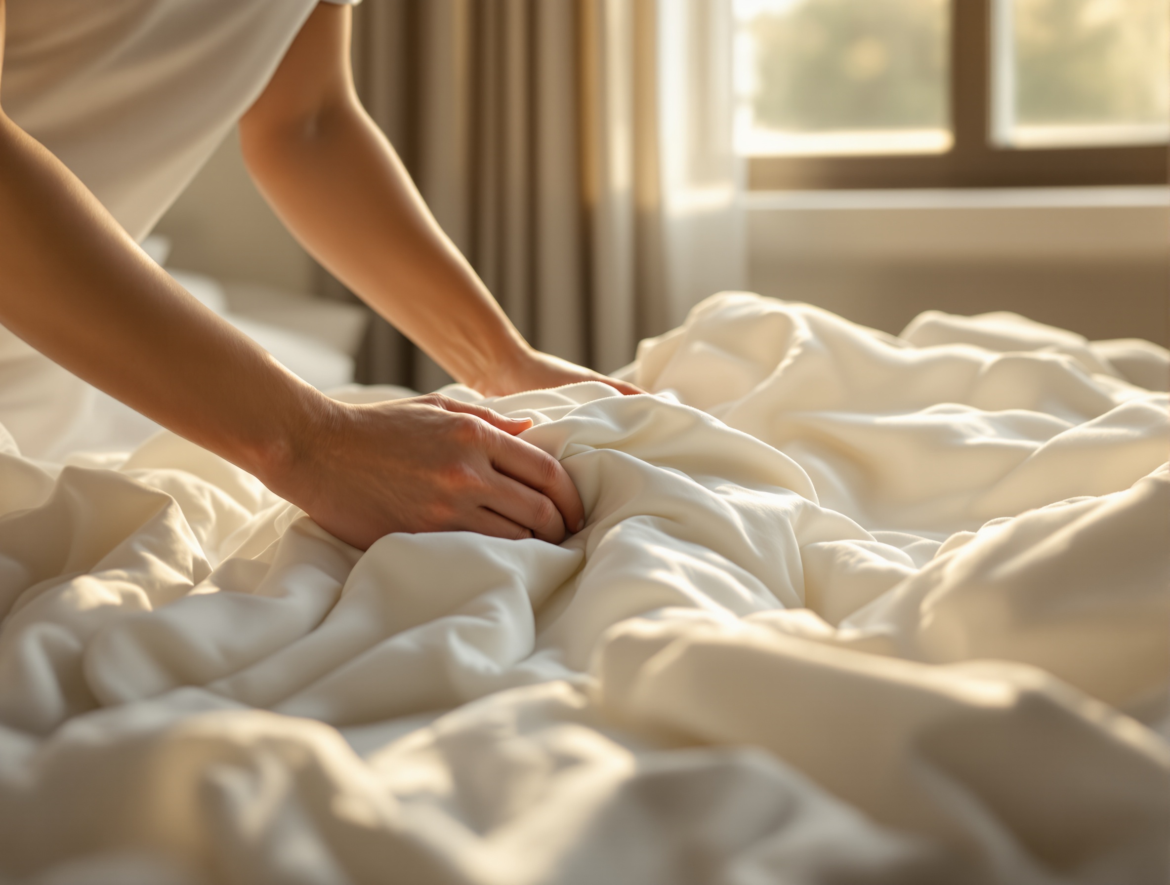 朝の爽やかな光が差し込むシンプルな部屋で、目覚めたばかりの人物が、迷いのない手つきでリラックスしながらベッドの掛け布団をきれいにたたんでいるカット。精神論ではなく、朝一番の具体的な「行動の完了」によって、今日1日の自己信頼の土台(ルーティン)を静かに整えているプロフェッショナルの姿勢を表現。