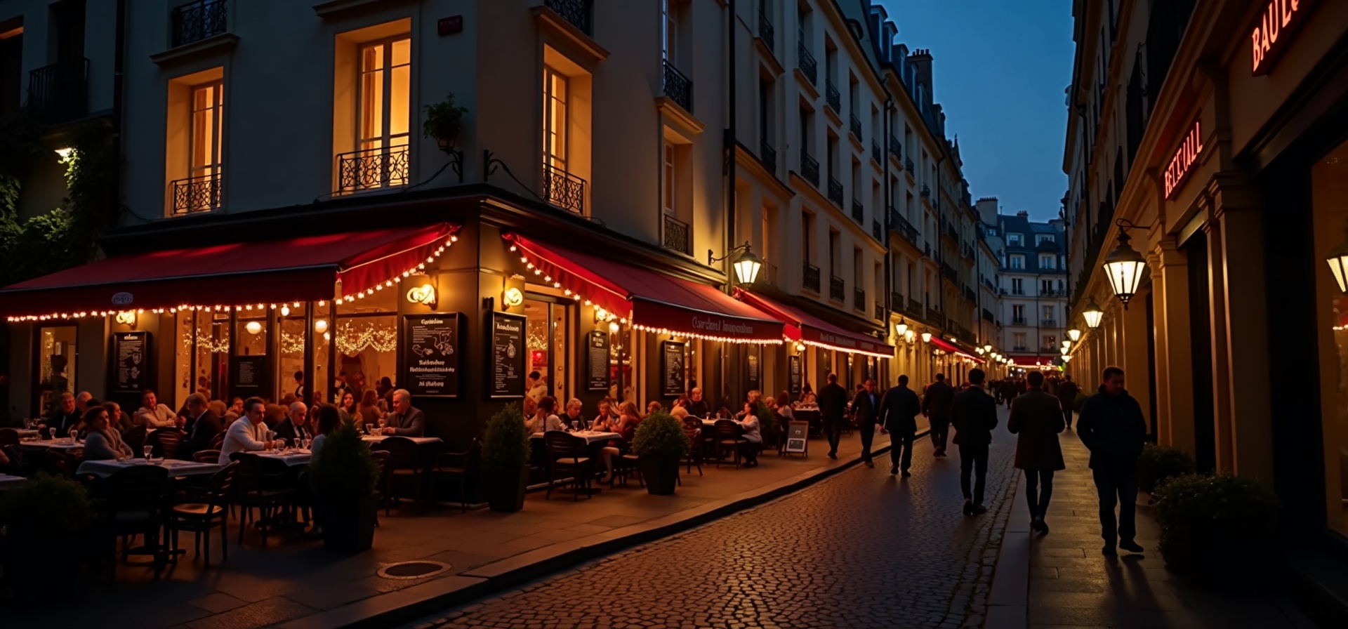Rue Oberkampf au crépuscule avec la façade de Just Mamma