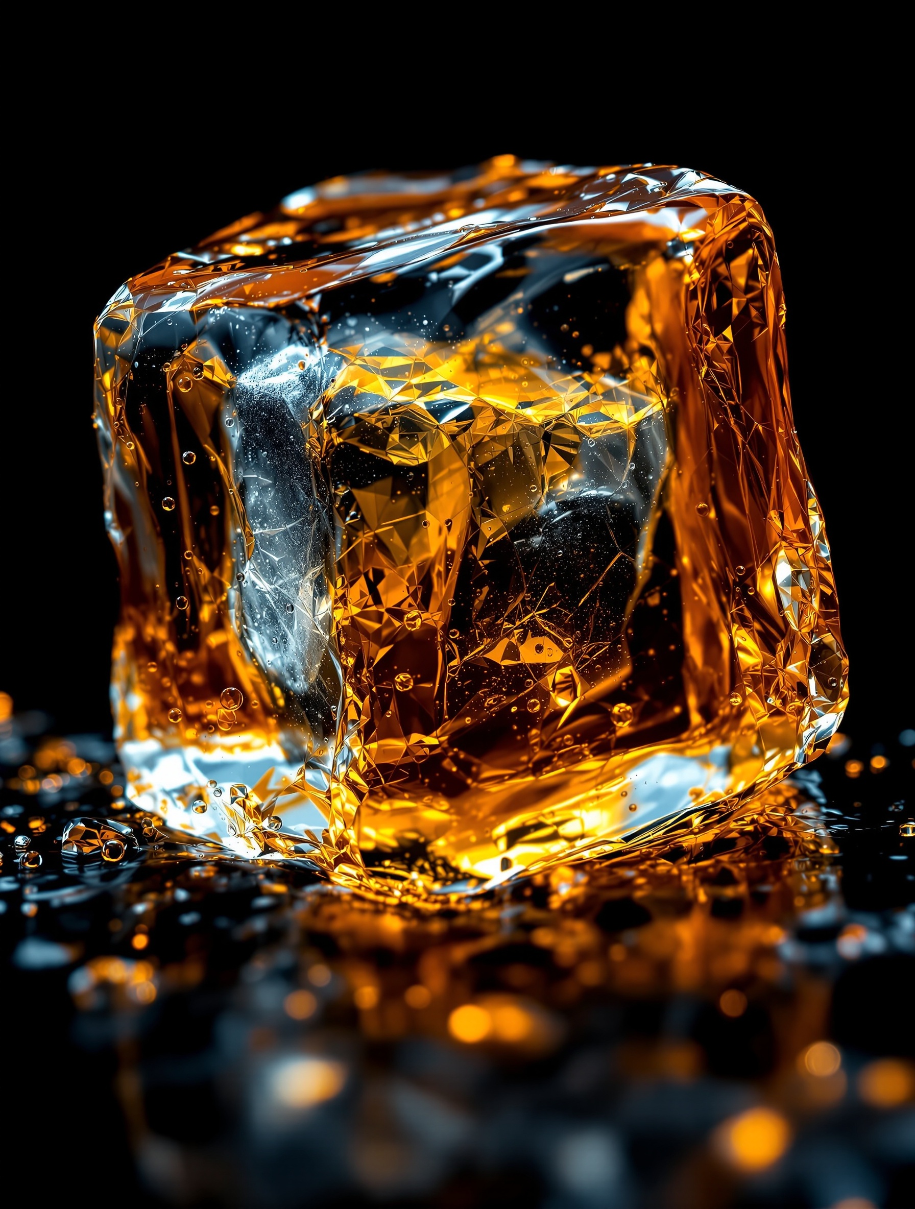 A single ice cube in amber bourbon — the One Cube ritual