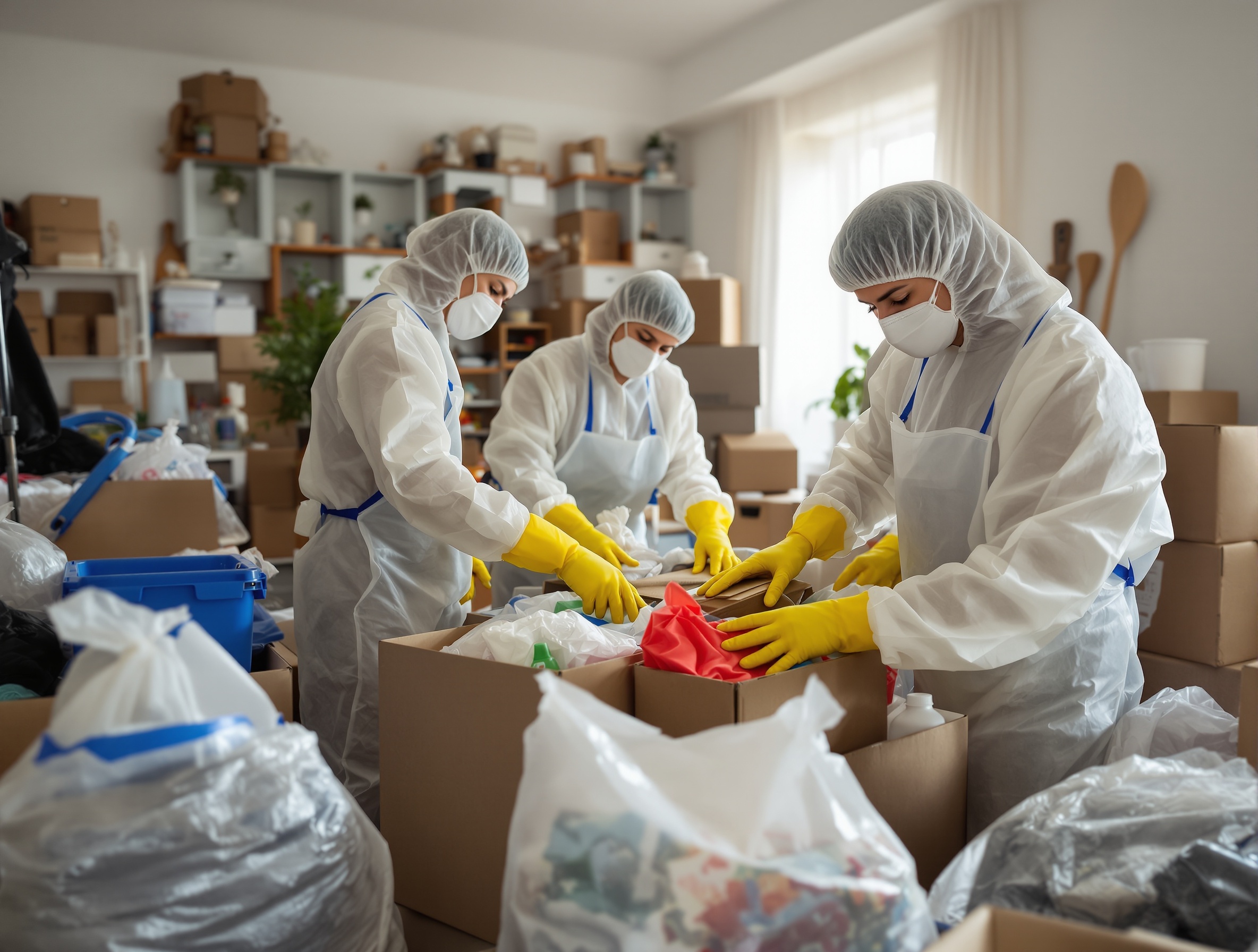 Professional hoarding cleanup team at work
