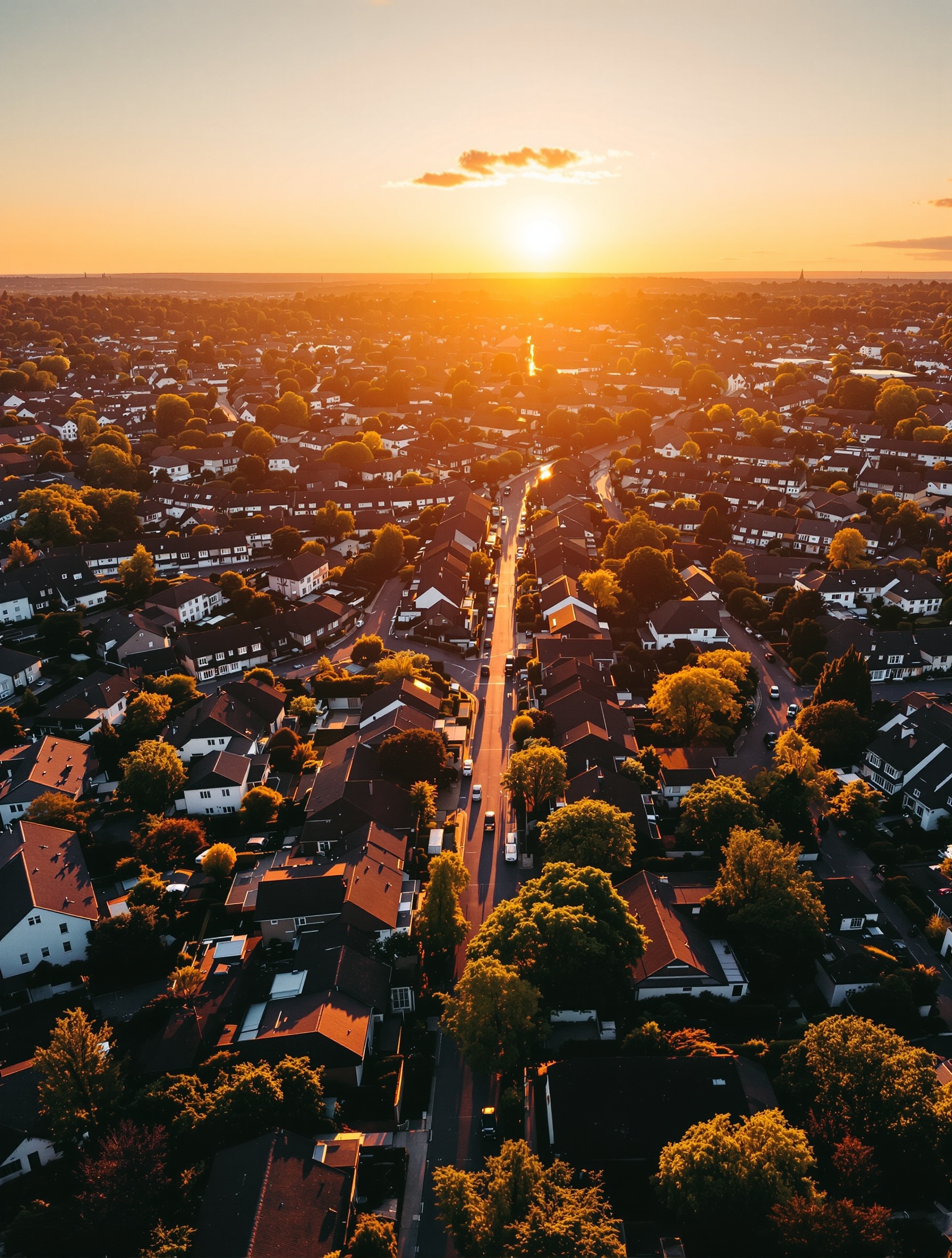 Aerial view of suburban neighborhood homes and rooftops