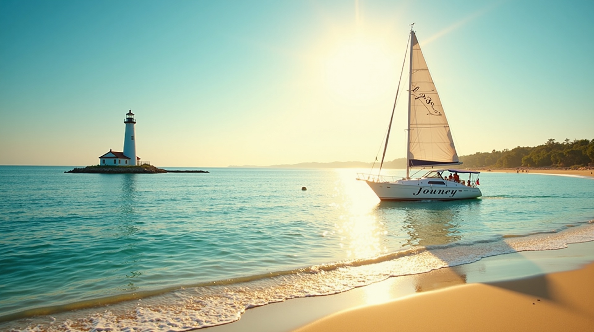 Coastal lighthouse with sailboat named Journey, sun over aqua waters and sandy beach