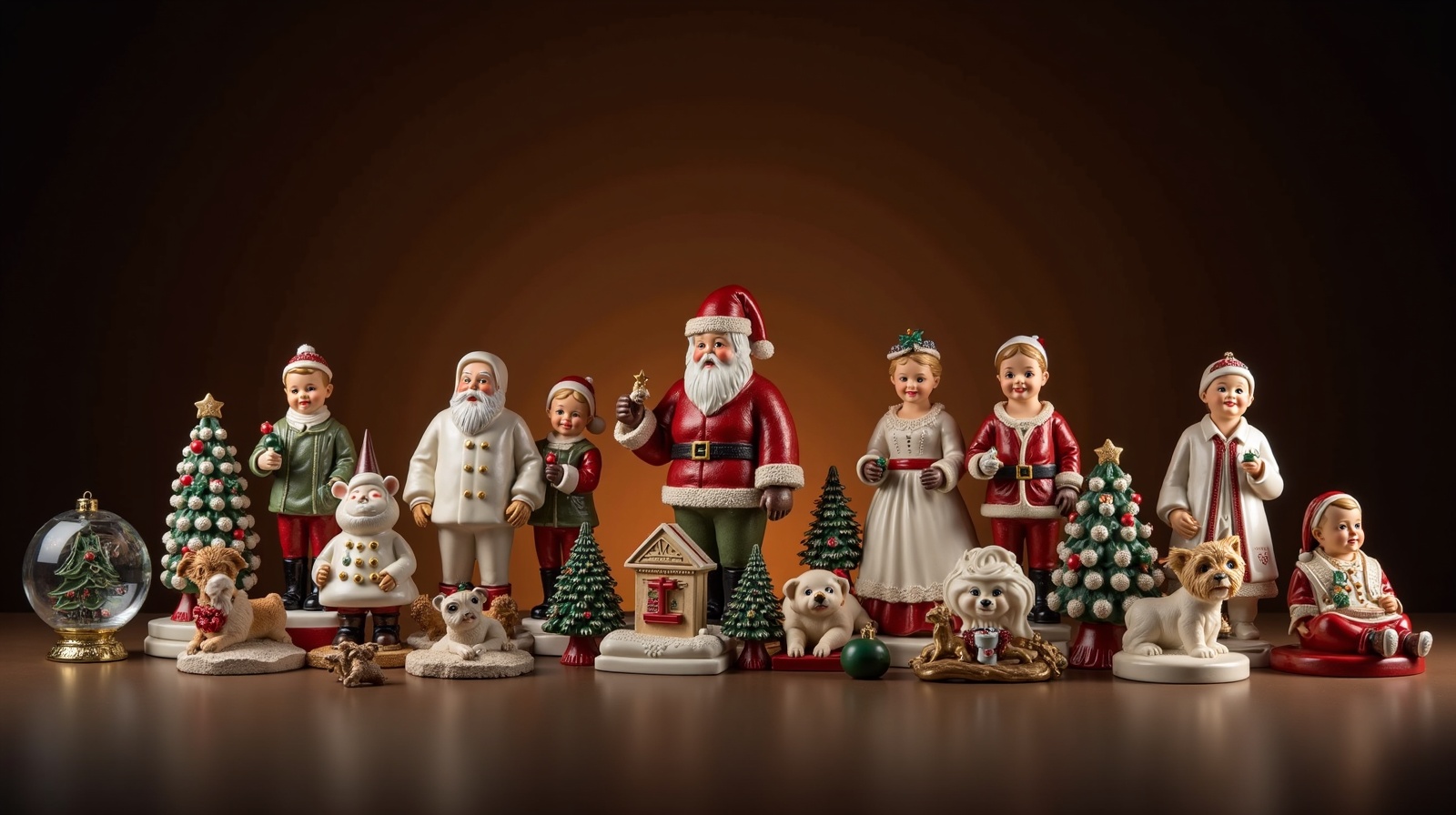 Custom resin figurine and custom glass ornament collection arranged together with sculptural and hand-crafted details