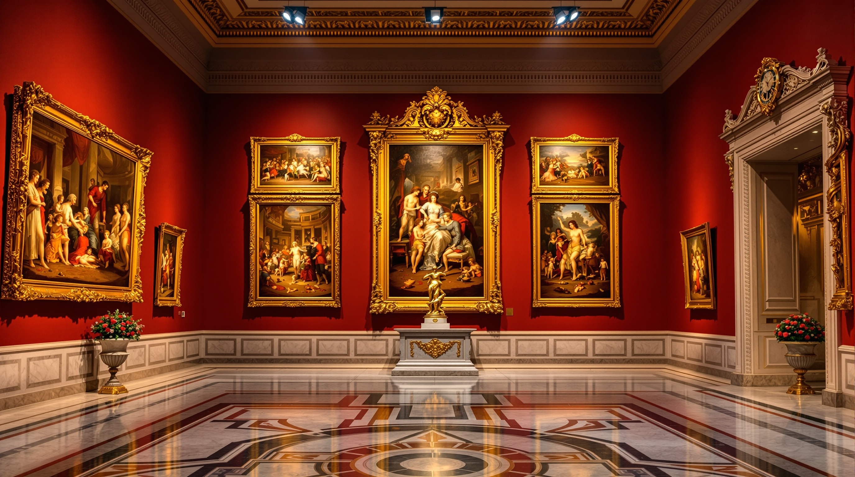 Grand museum interior with classical artwork