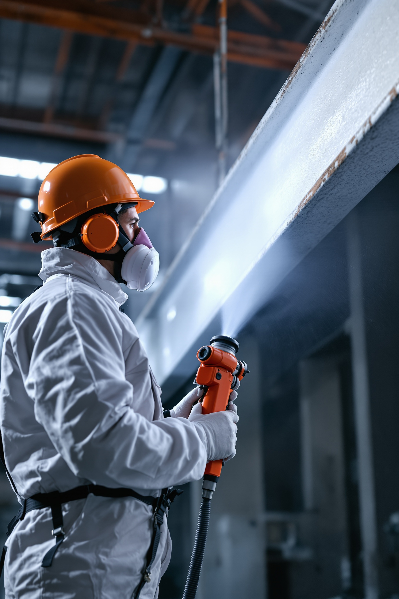 Technicien MMJ Flocage appliquant du flocage coupe-feu