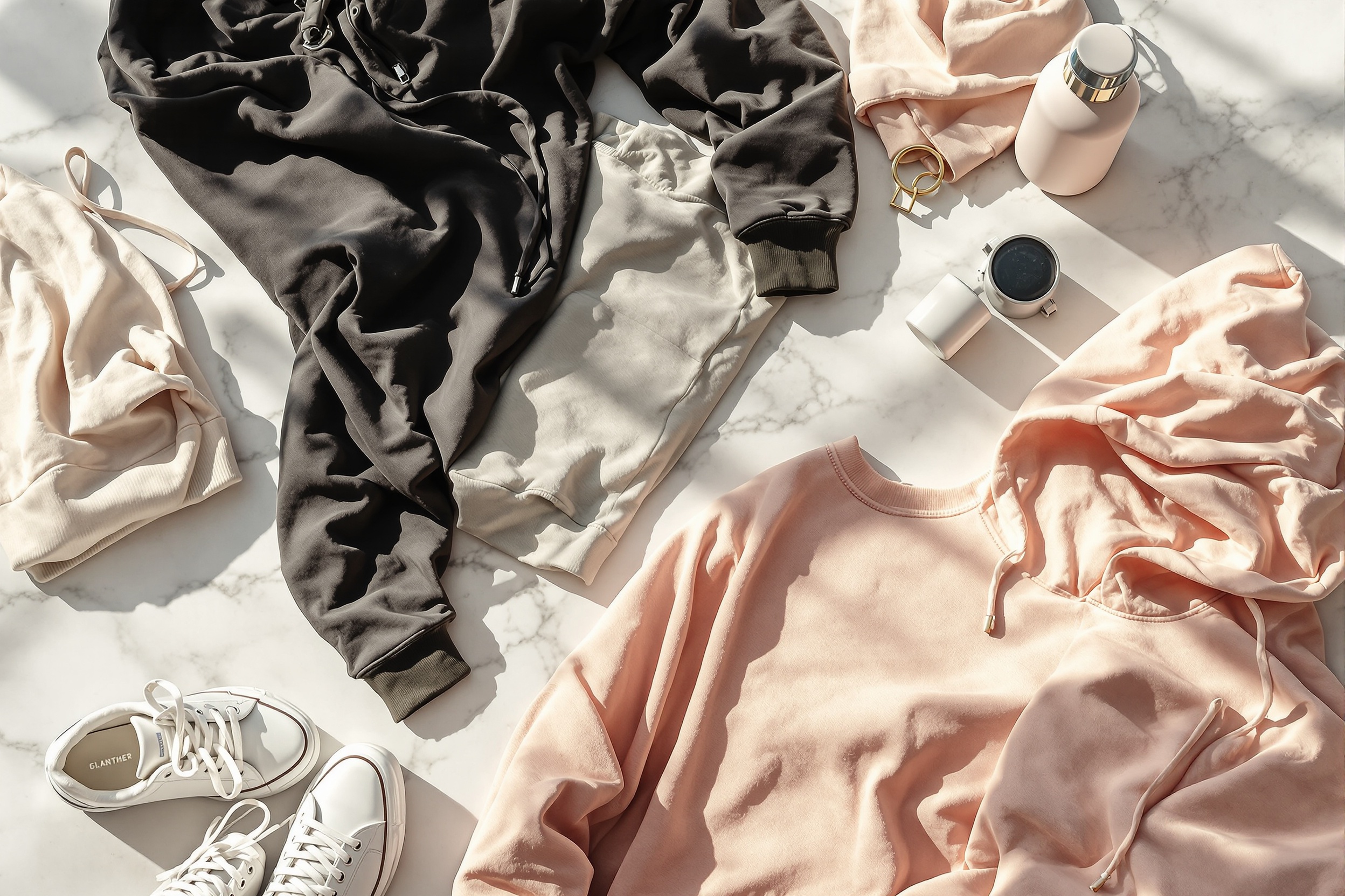 Premium streetwear collection flat lay with sneakers hoodies and accessories on marble surface