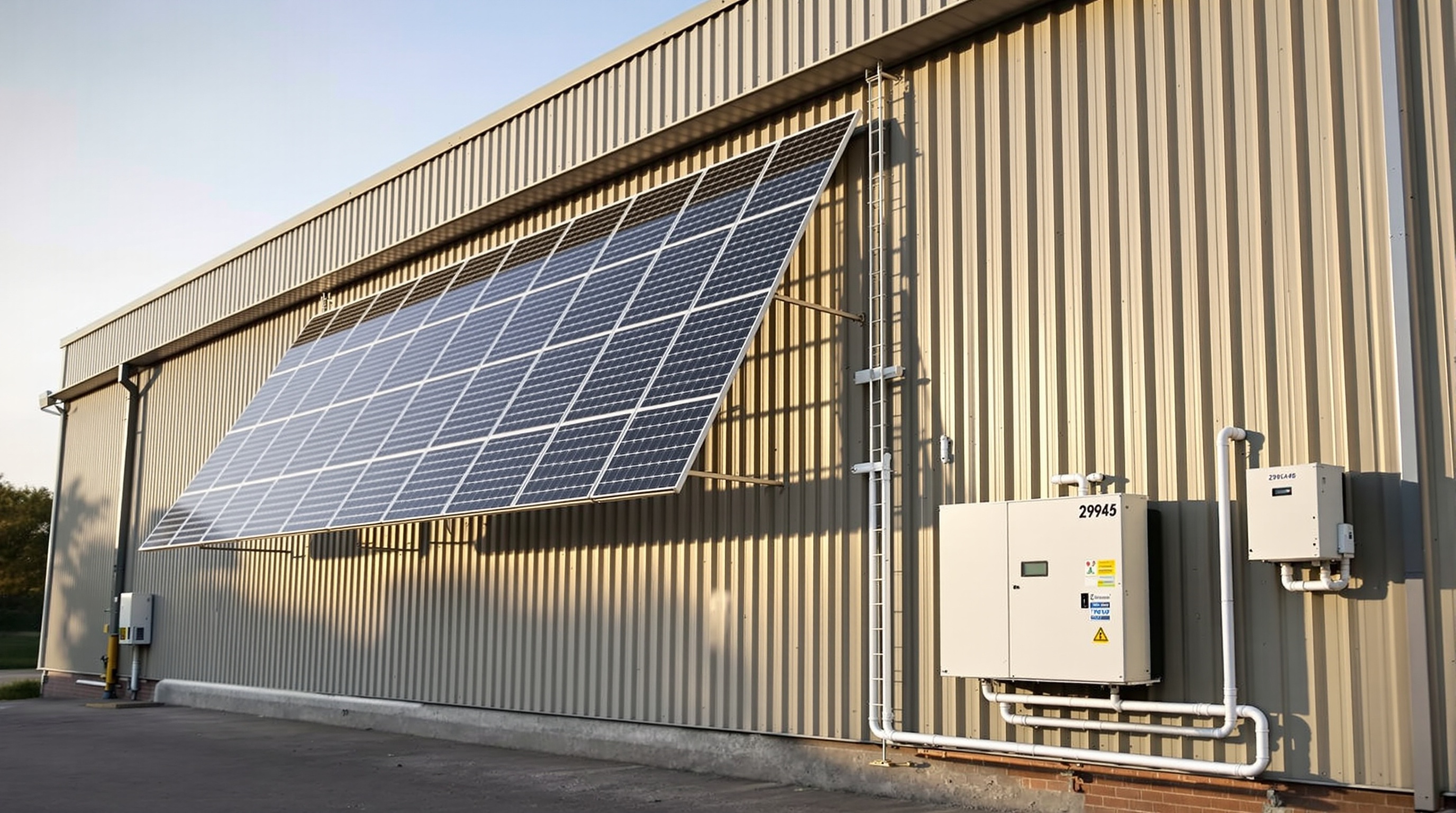 Completed warehouse solar array with inverters and battery storage cabinet mounted on an exterior wall in Manchester