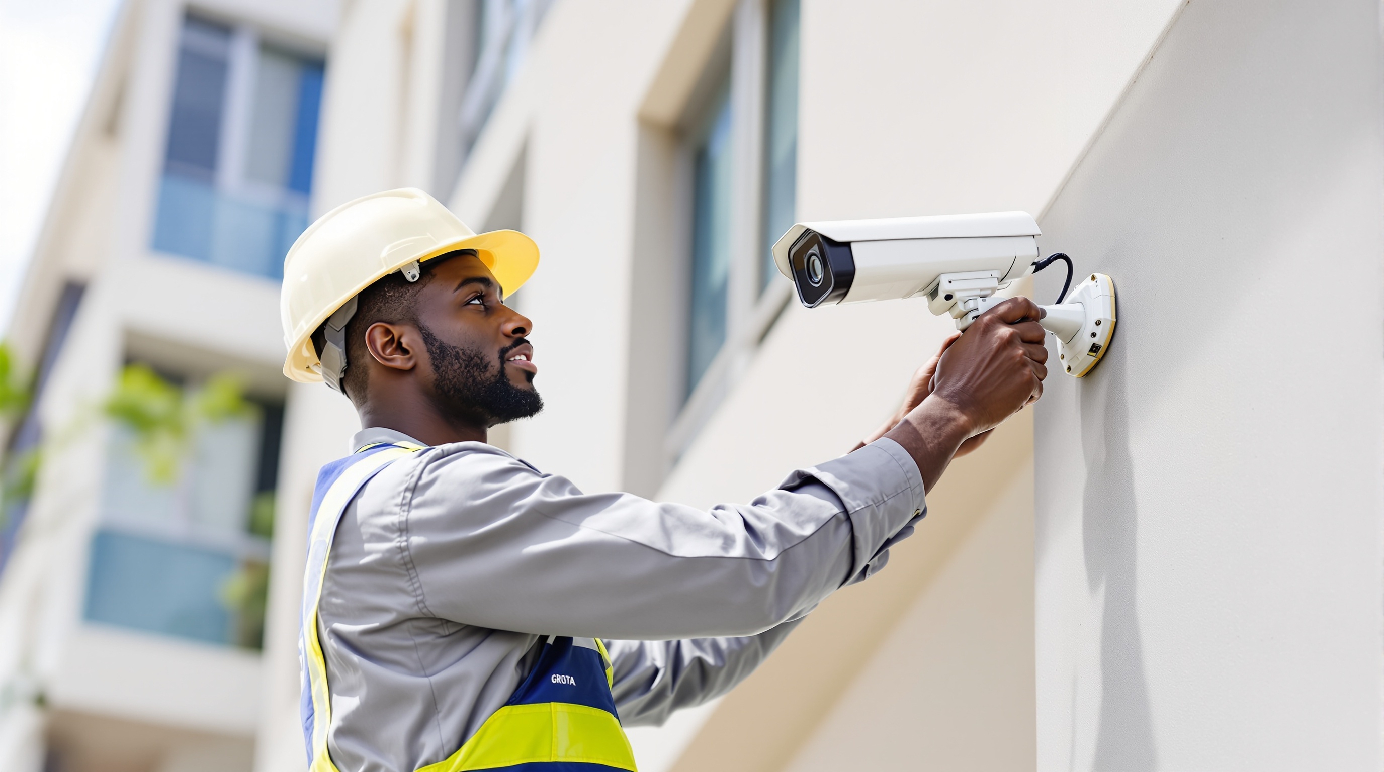Technicien installant une caméra de vidéosurveillance