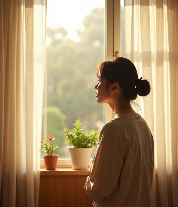 窓辺でくつろぐお母さん
