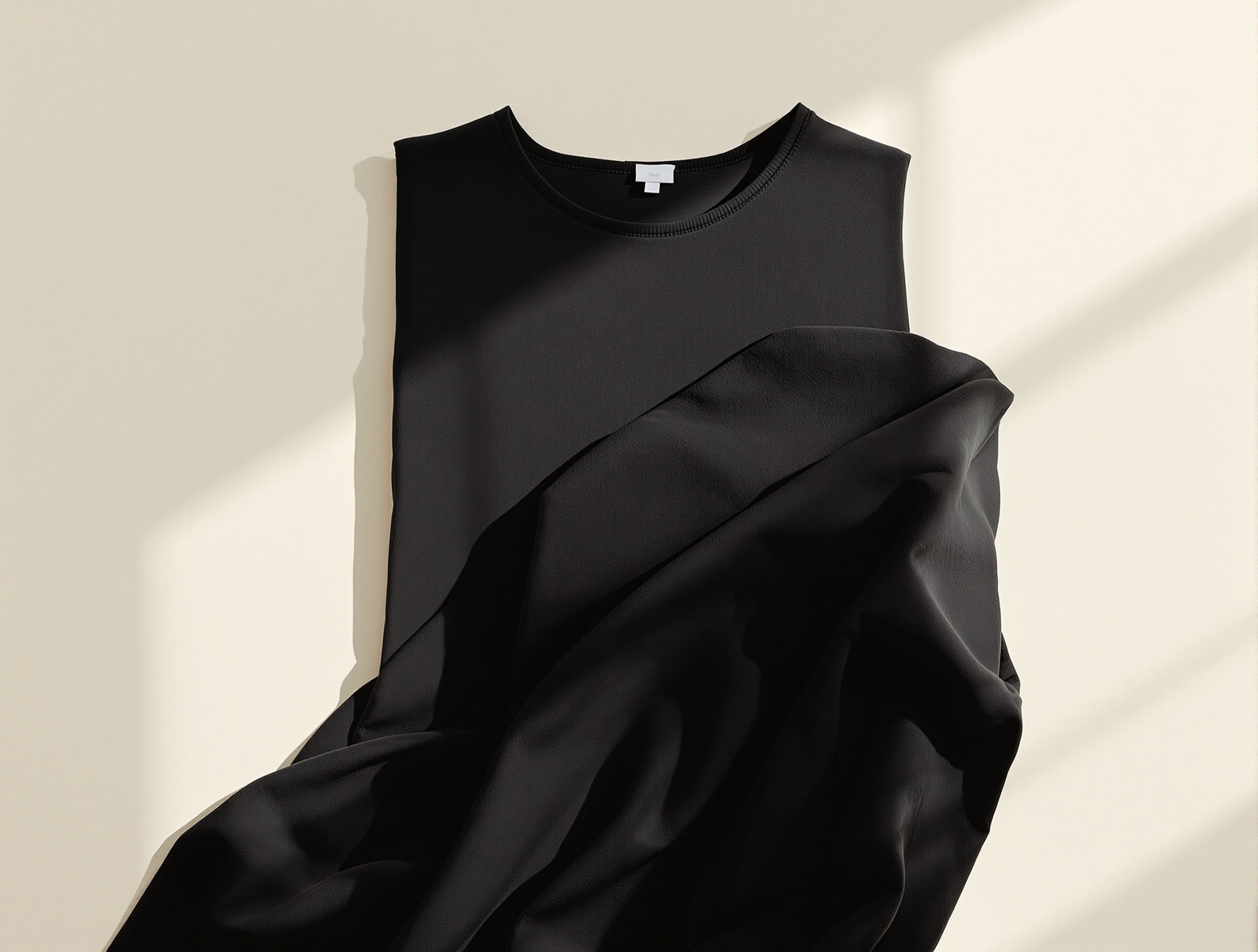 オフホワイトの紙の上に黒い衣服を平置きした写真