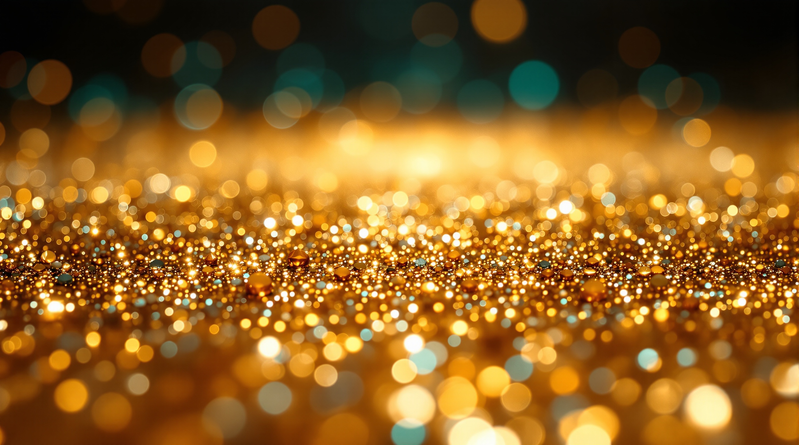 Cinematic macro photography of shimmering golden and amber micro-glitter with sharp crystalline details in foreground, transitioning to deep dark background with soft layered bokeh circles in copper, warm gold, burnt orange palette with subtle rare teal light glints, moody atmosphere, wide-angle perspective, luxury gala aesthetic, high contrast dramatic lighting, 8k resolution ultra detailed