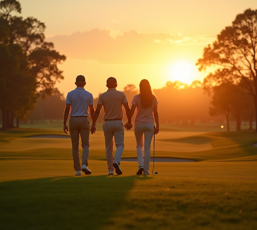Golfers walking together on a fairway at sunset