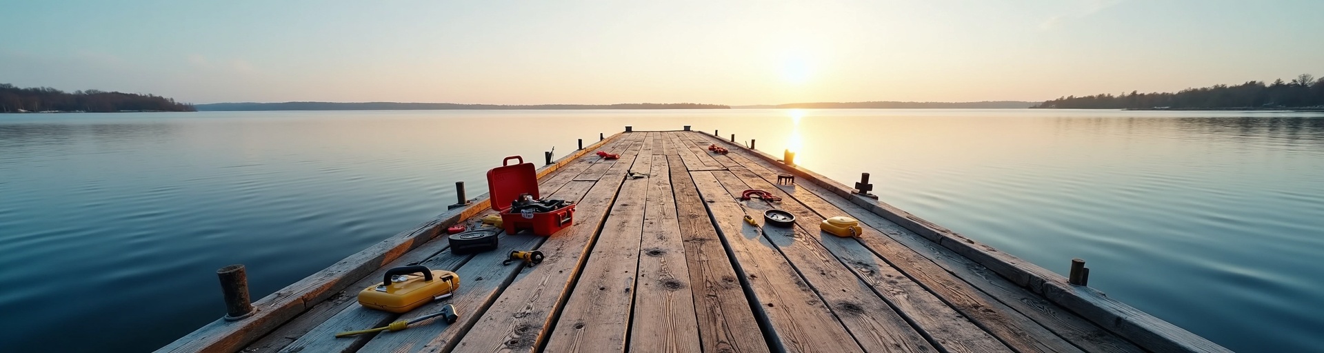 Michigan dock inspection and repair in early spring showing weathered dock boards and tools for seasonal maintenance