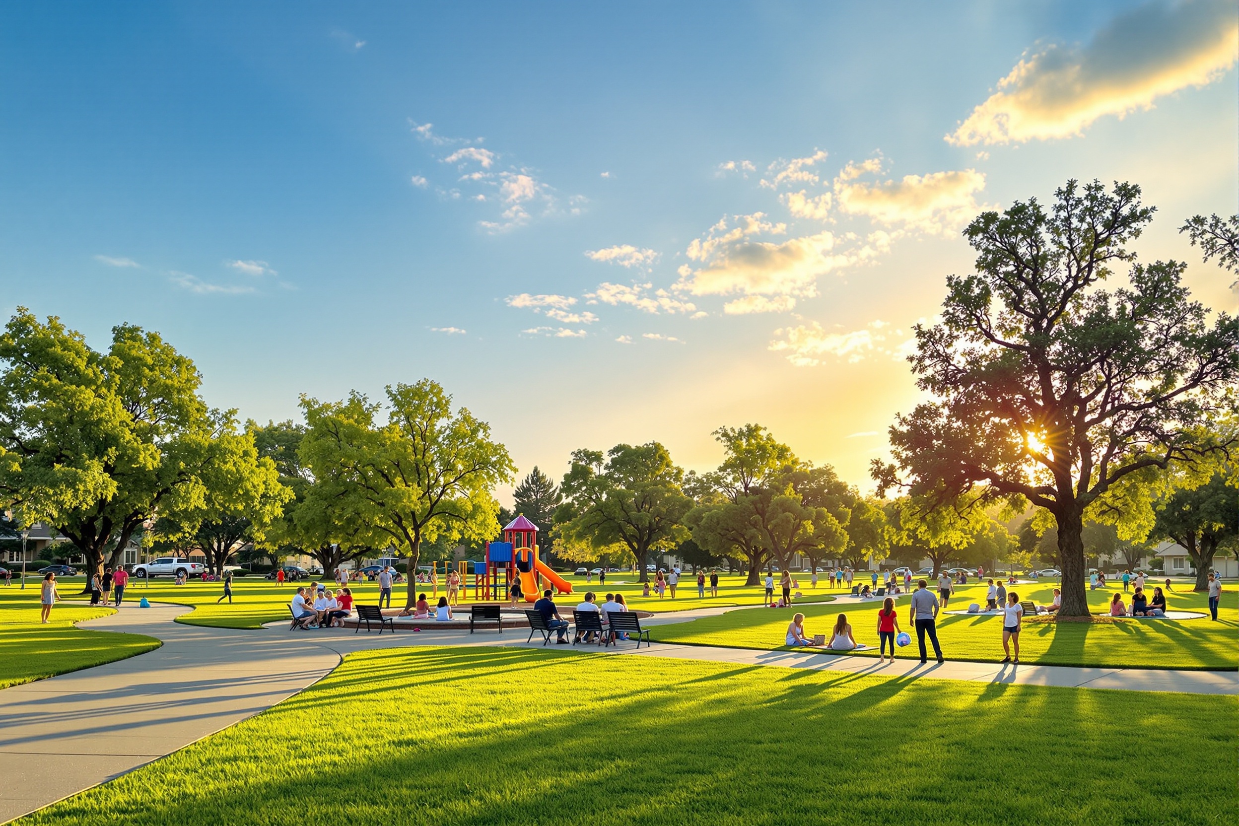 Roseville California parks and recreation - community living Roseville California community park with families enjoying outdoor activities