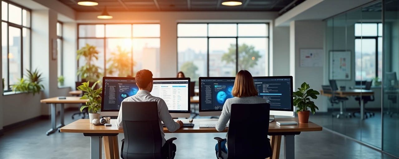 Recruiting firm office with professionals reviewing client and candidate profiles