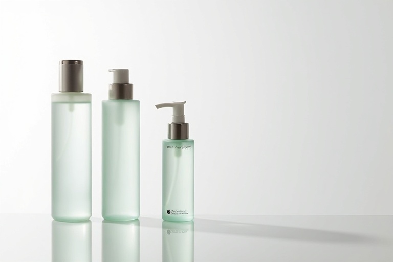 Korean toner and essence products in clear frosted glass bottles on white surface
