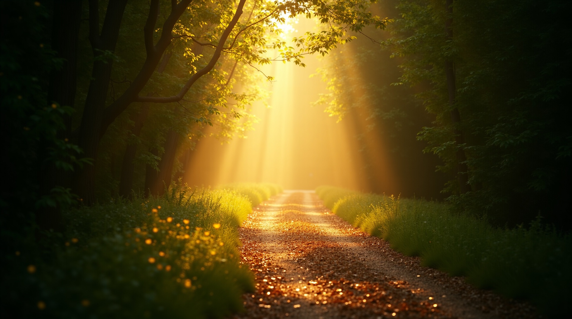 Caminho sereno na floresta com luz dourada