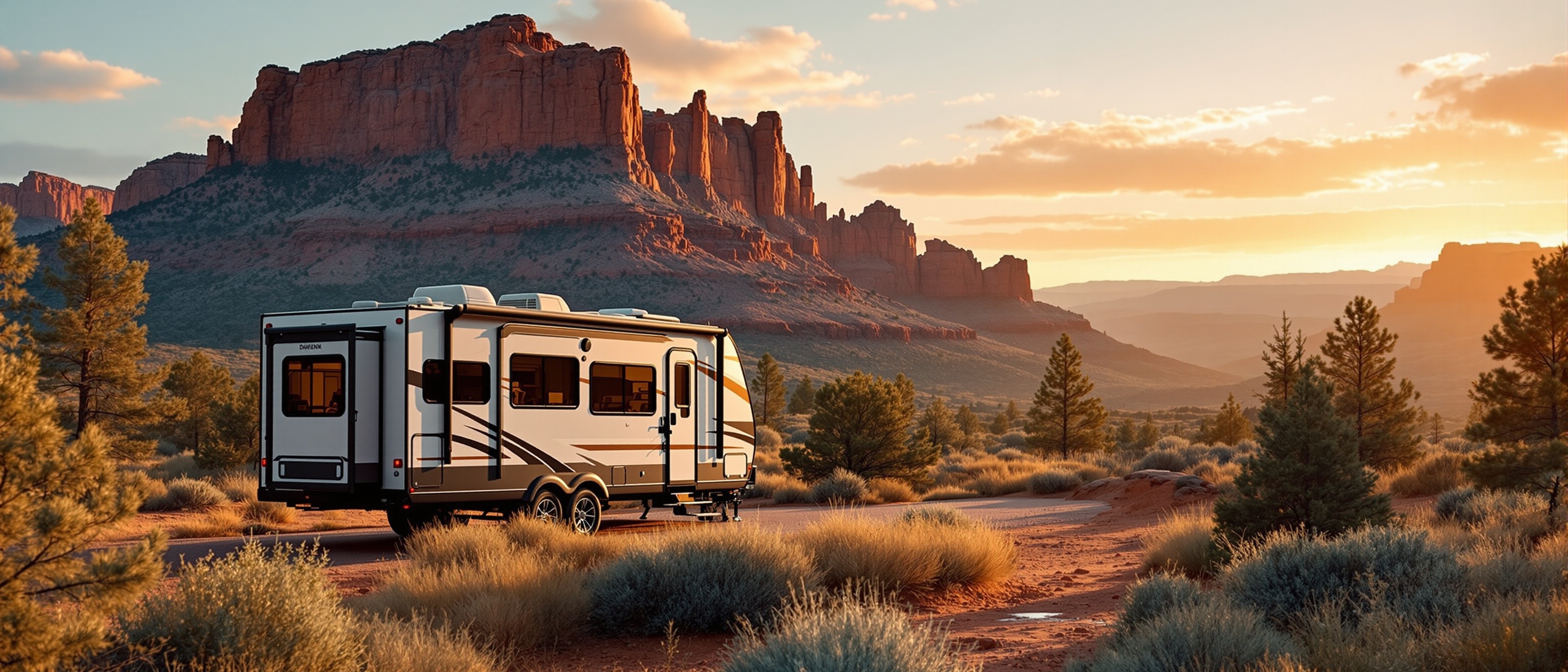 Travel trailer camping in scenic mountain valley