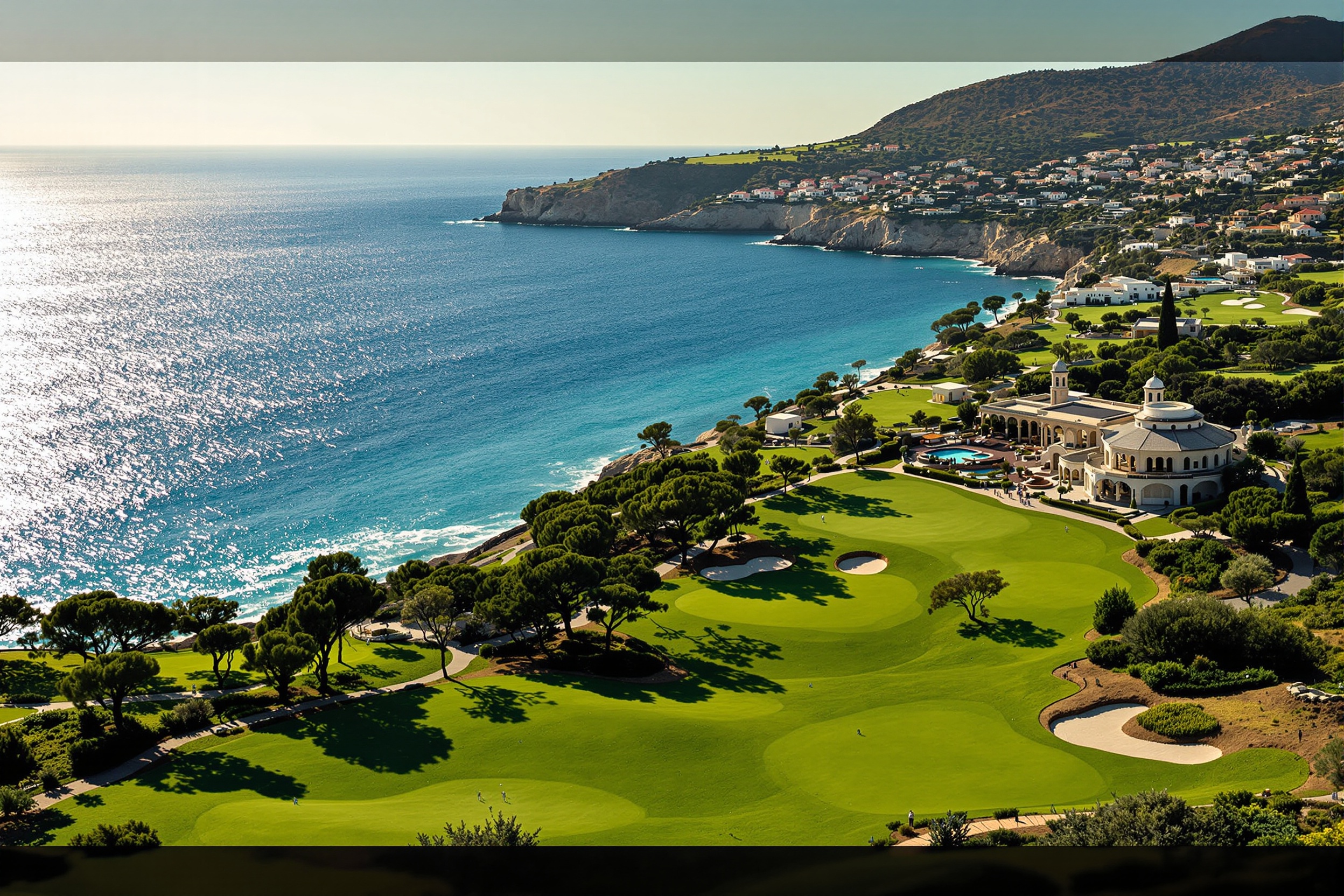Costa Navarino Bay Course Greece Mediterranean sea view championship golf resort Messinia Peloponnese golden afternoon light premium editorial golf photography