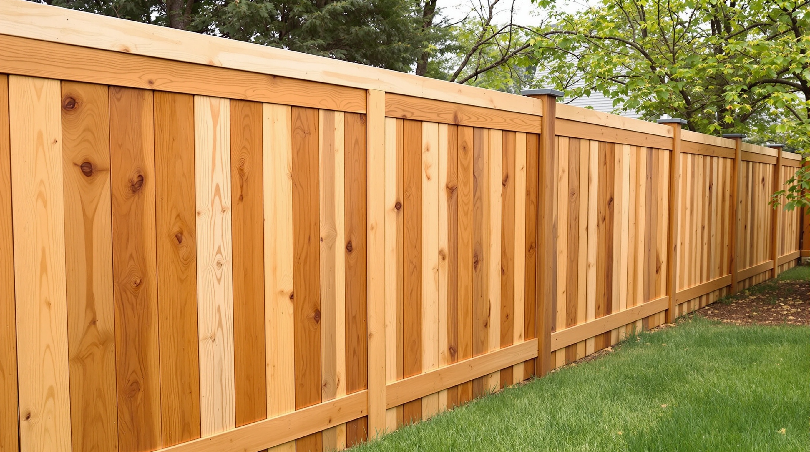 Freshly stained wood privacy fence in a Bucks County backyard