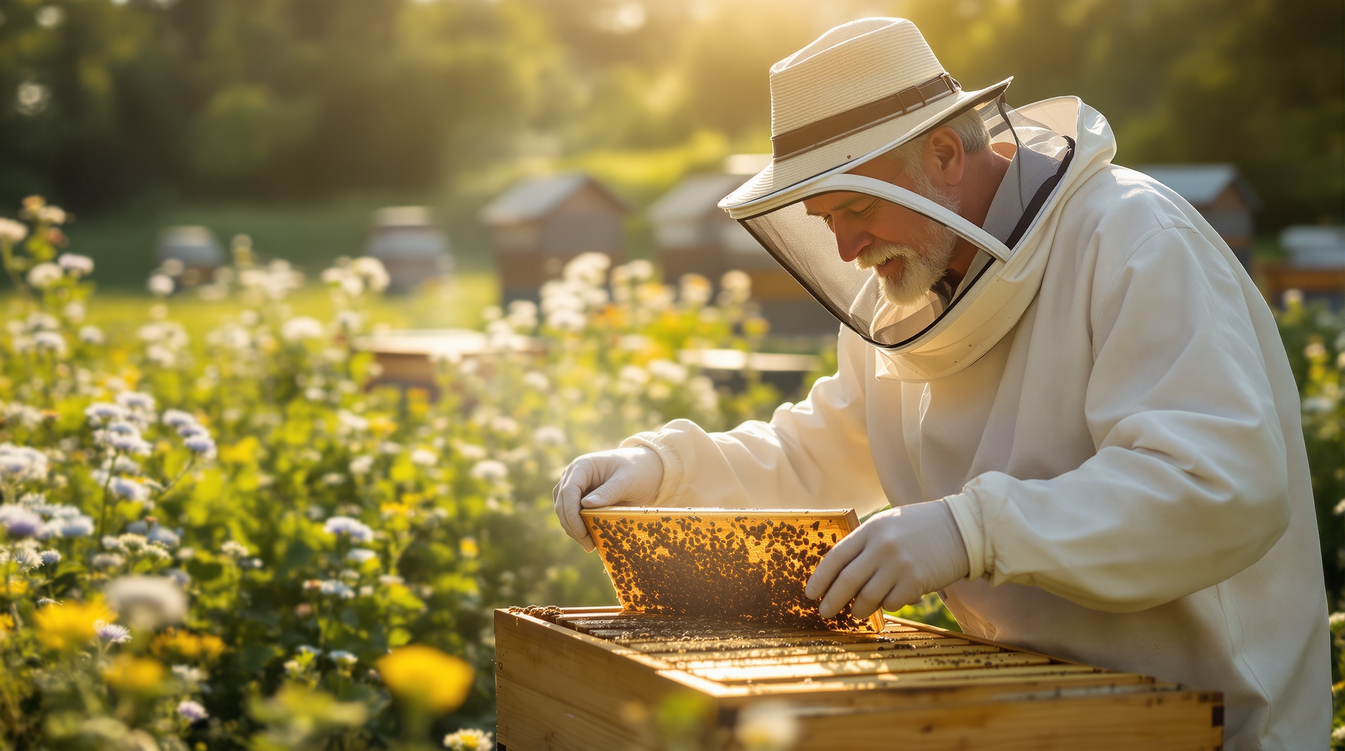Beekeeper working with hives