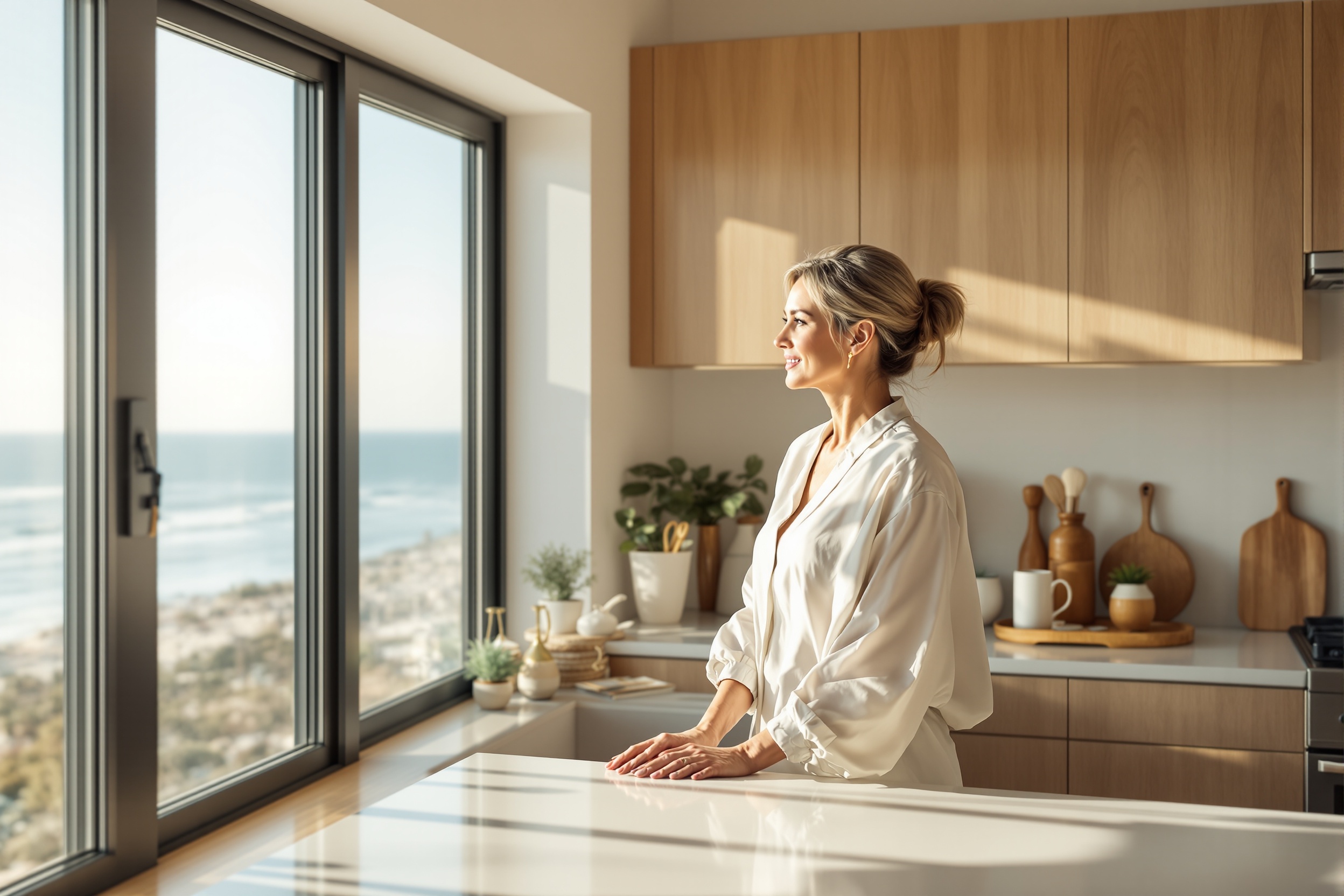 Confident woman in her 40s in a bright coastal home — representing control in her weight loss journey