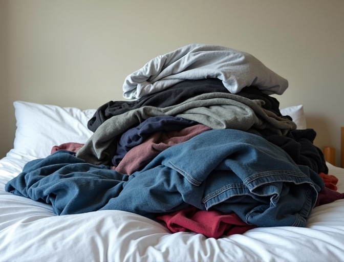 Messy laundry pile before Laundry House service