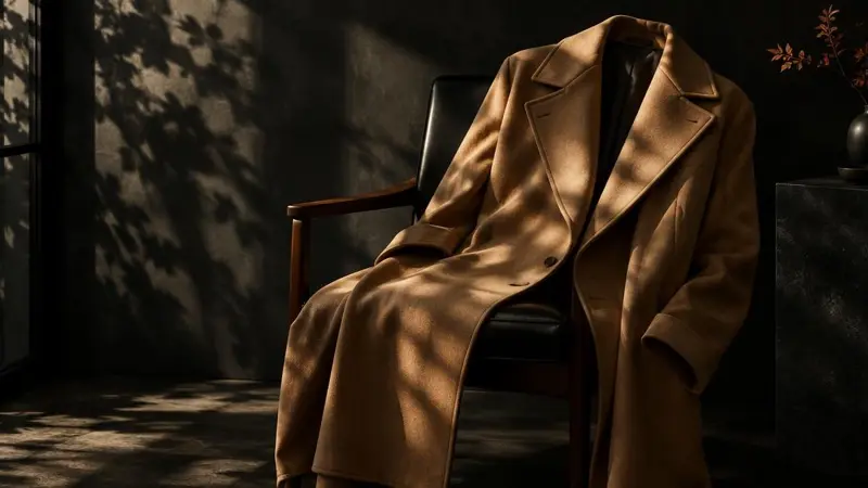 Cappotto cammello appoggiato a una sedia con ombre autunnali