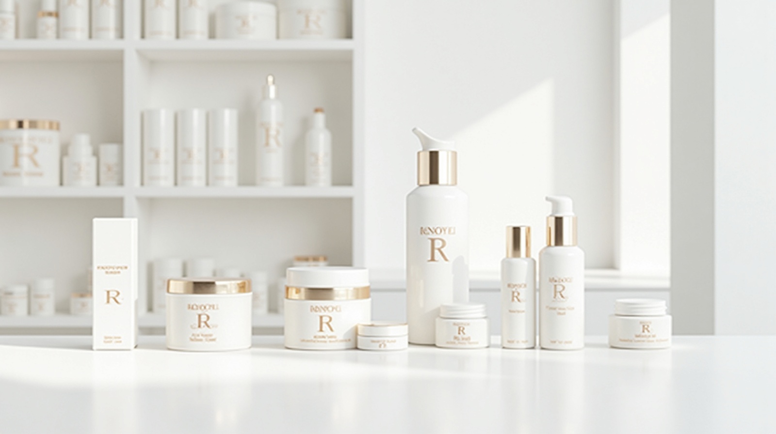 Luxurious Korean cosmetics laboratory with pristine white surfaces and rows of elegant skincare bottles on shelves