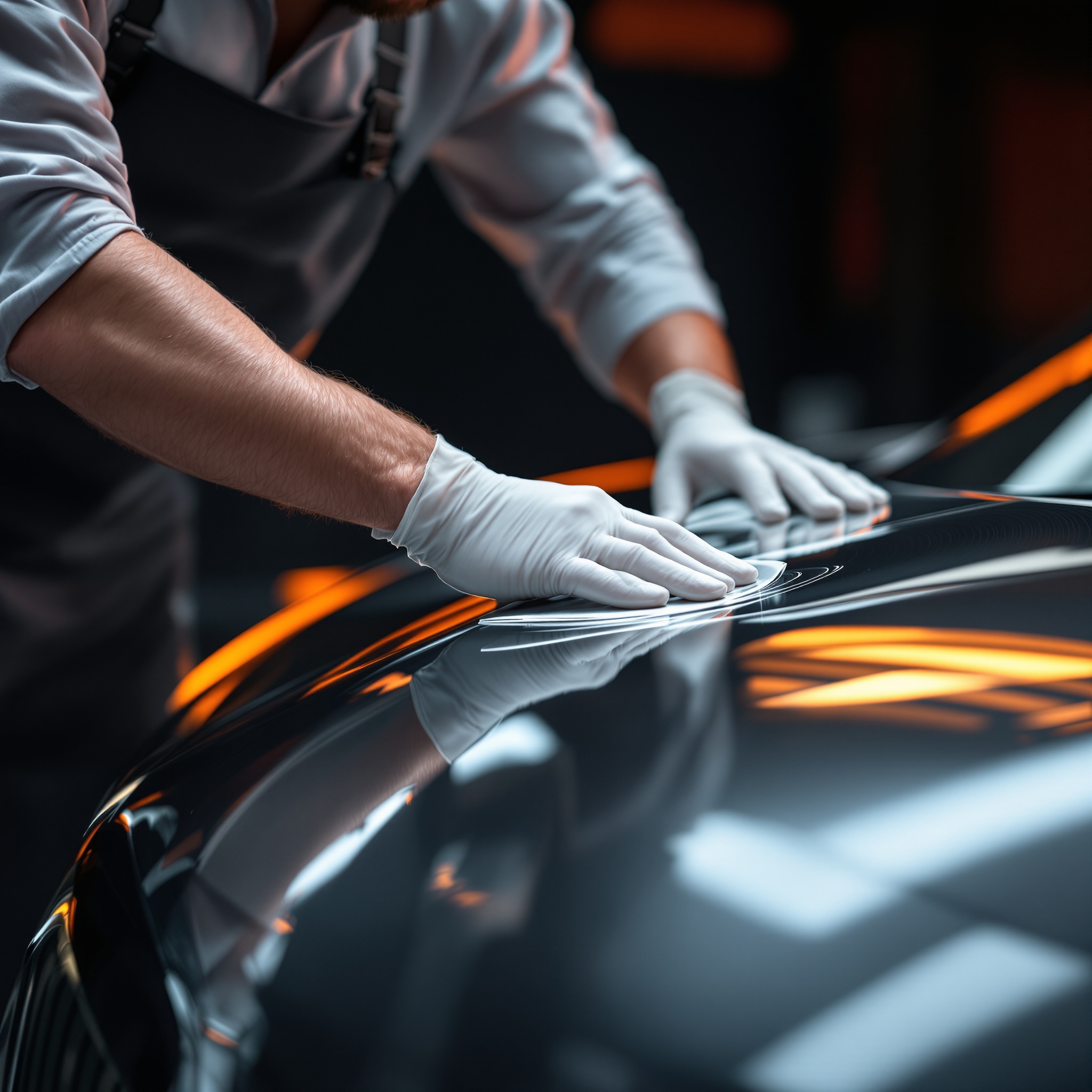 Professional PPF installer applying paint protection film