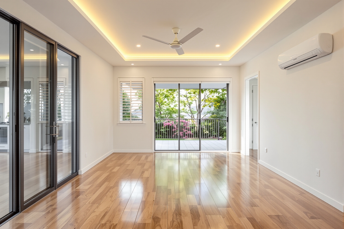 Finished Australian residential interior with warm LED downlights, ceiling fan and clean power outlets