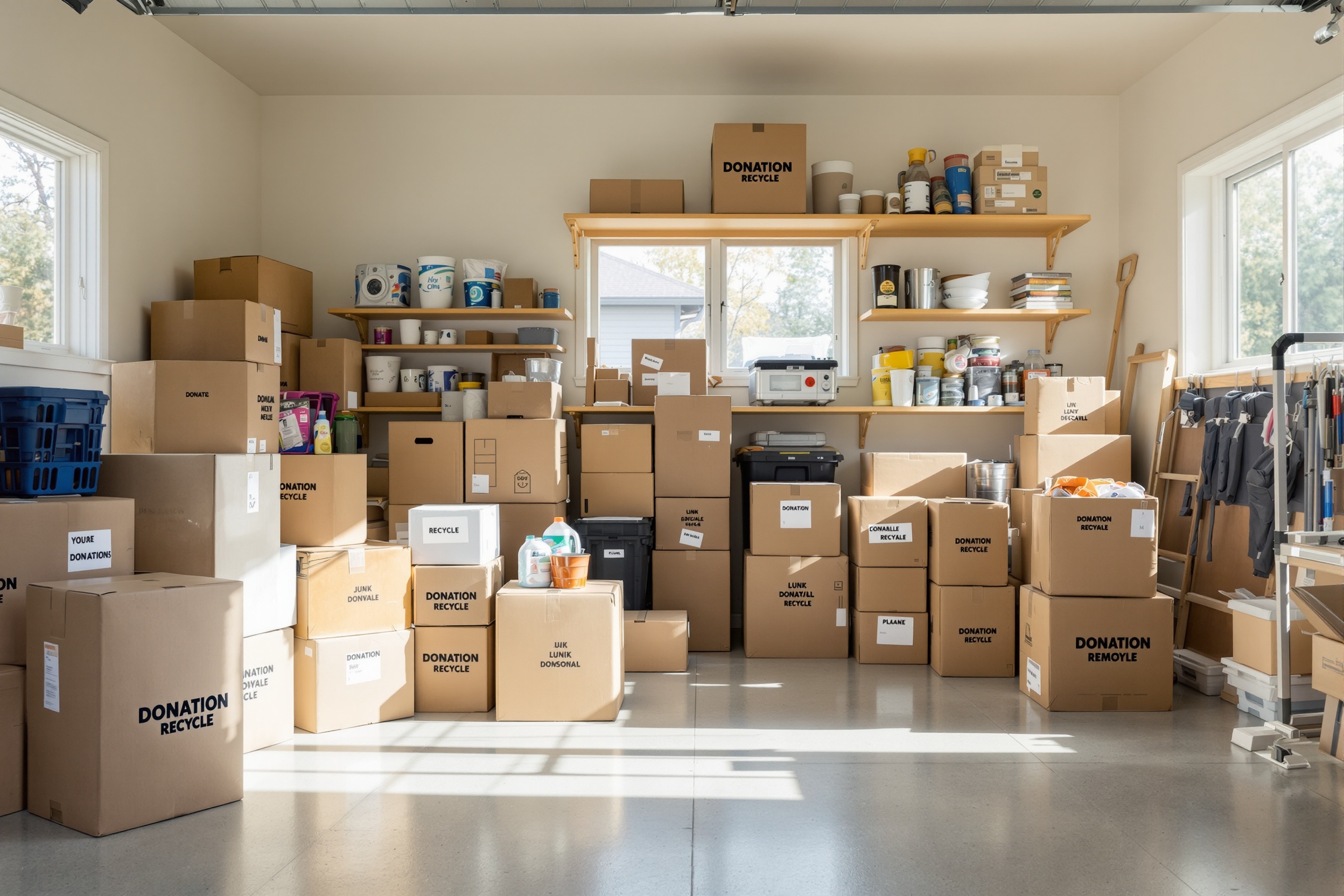 Organized Plymouth Wisconsin garage with sorted items labeled for junk removal, donation, and recycling