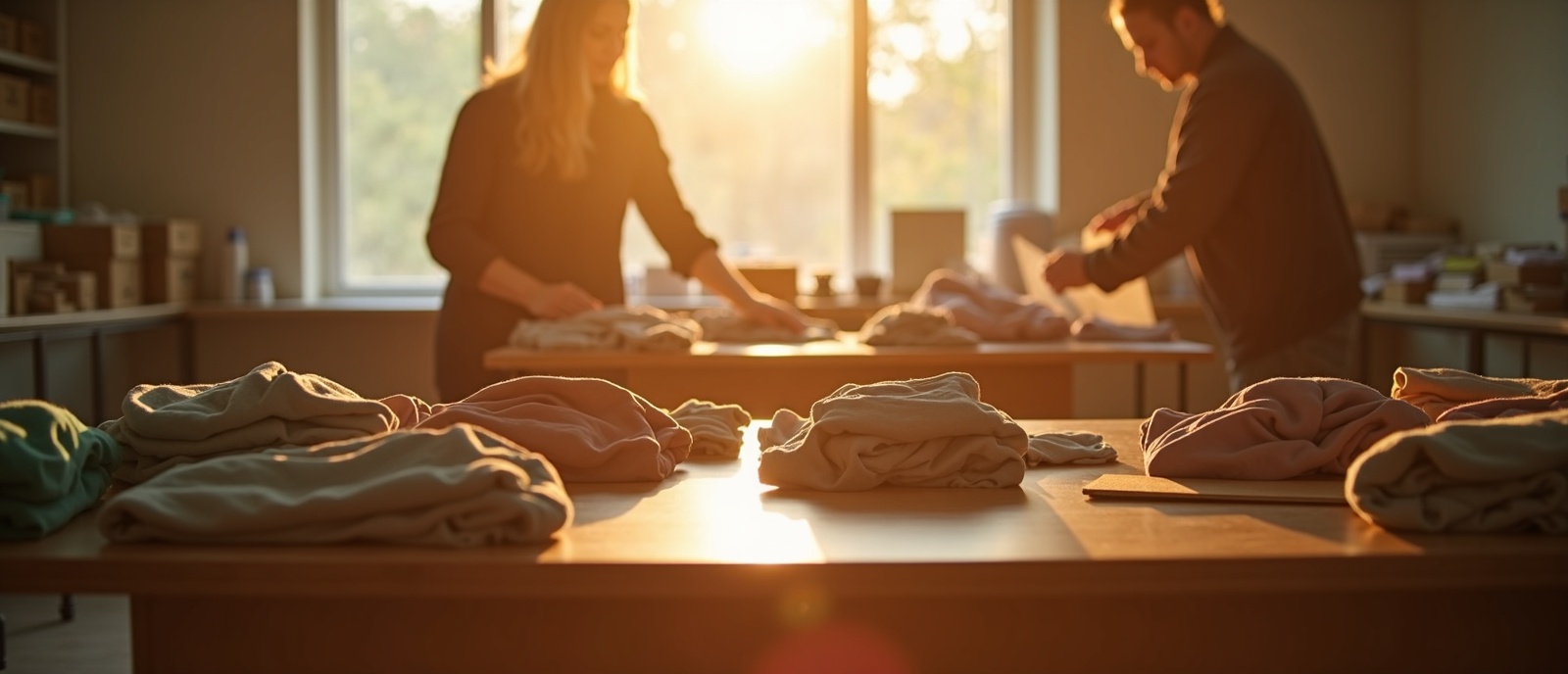 Volunteers preparing care packages in warm golden light