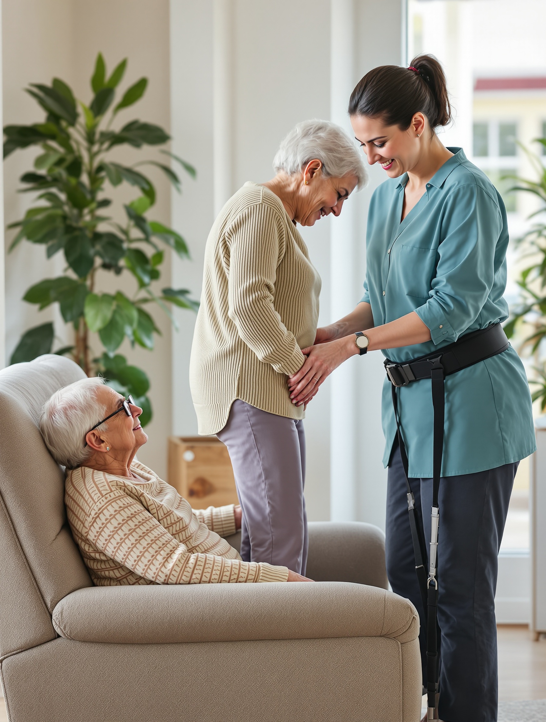 Caregiver helping senior stand from chair using proper technique