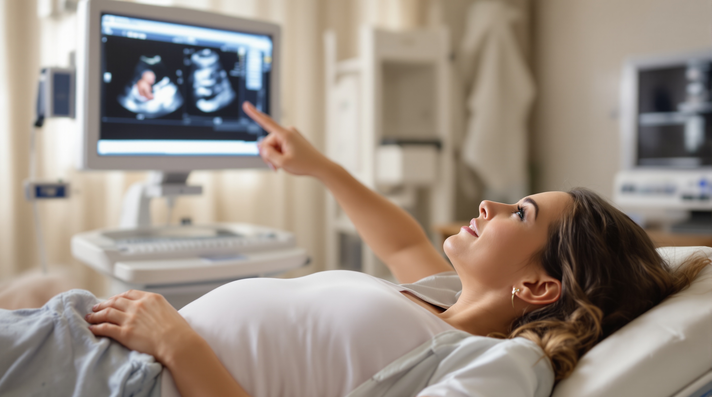 Expectant mother at 20-week anatomy scan seeing her baby