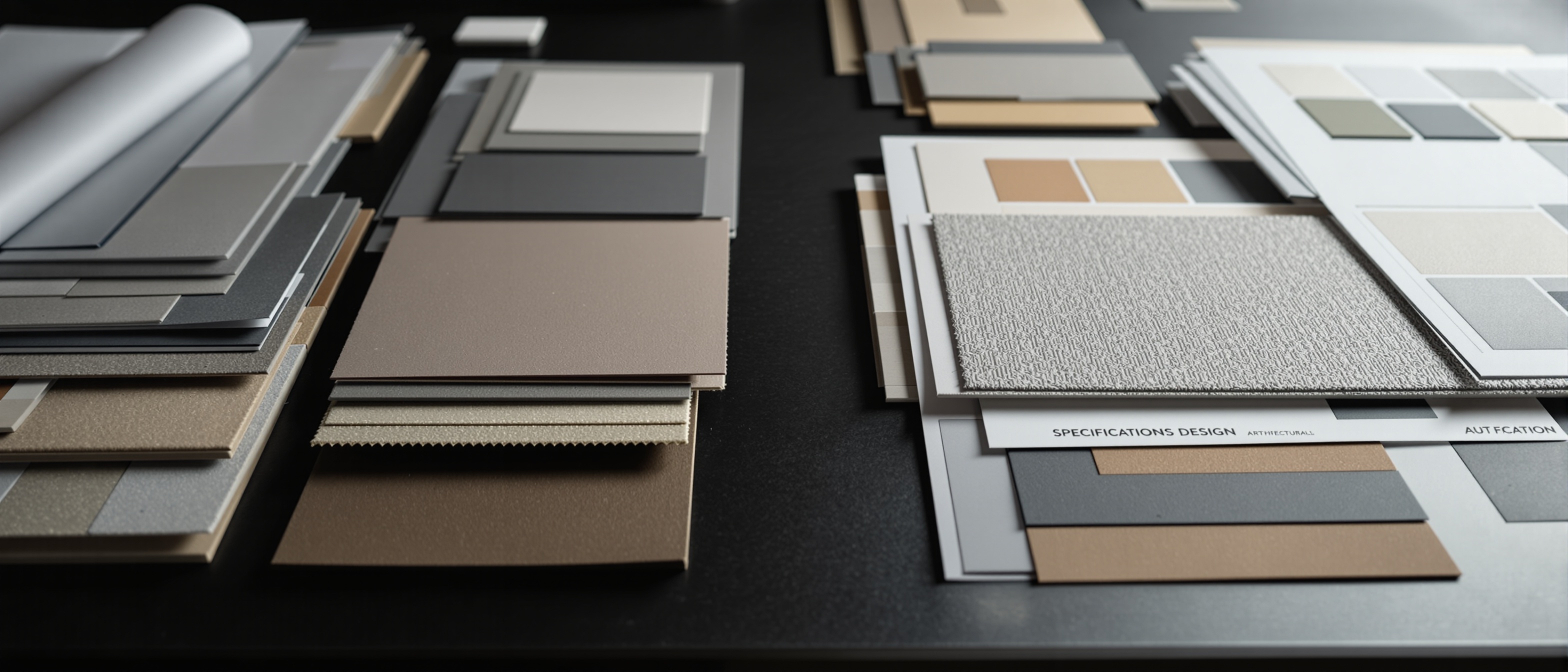 Professional architectural design studio with material samples, specification sheets and fabric swatches — trade professionals specification hub by VAREN Dubai UAE