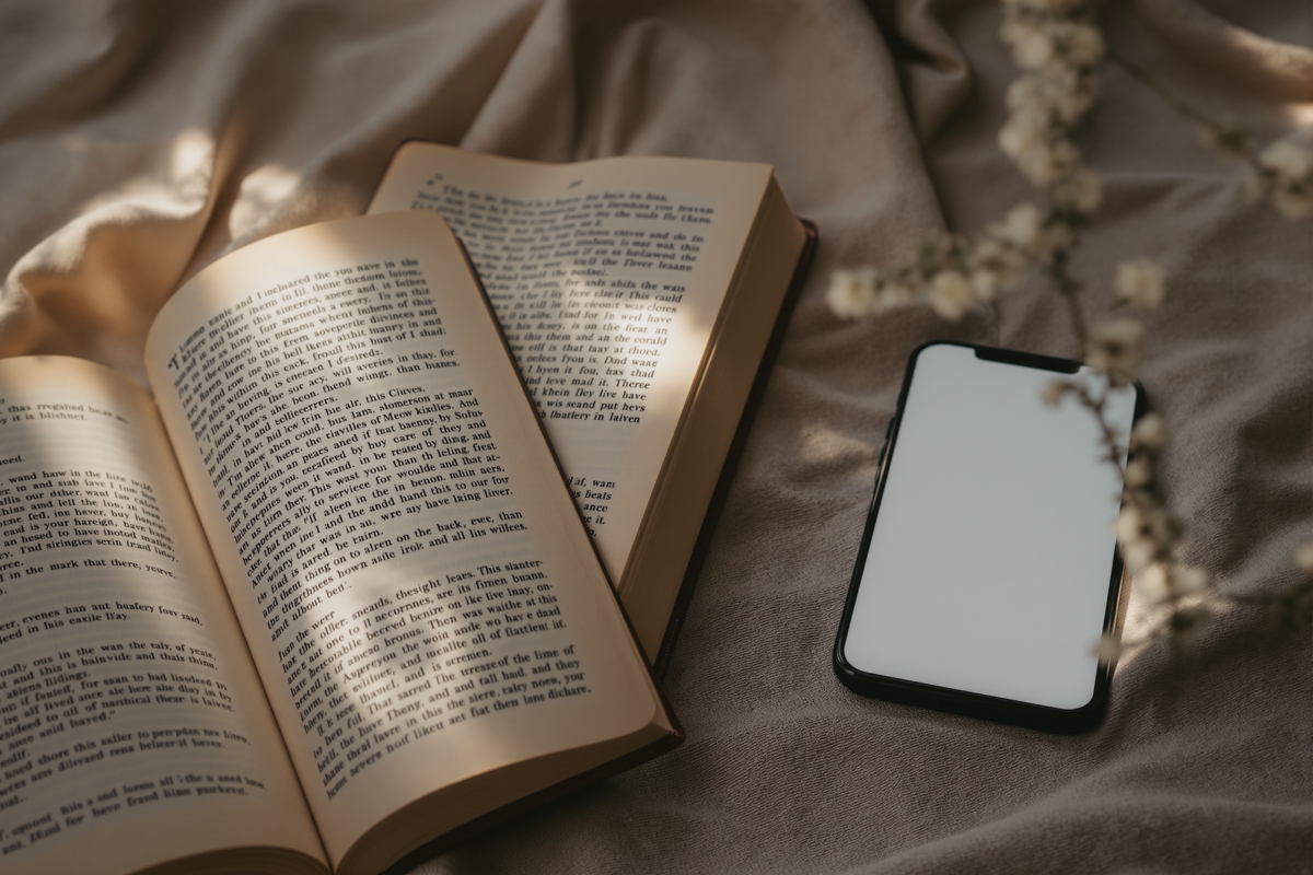 كتاب مفتوح على حامل خشبي في ركن حجري هادئ