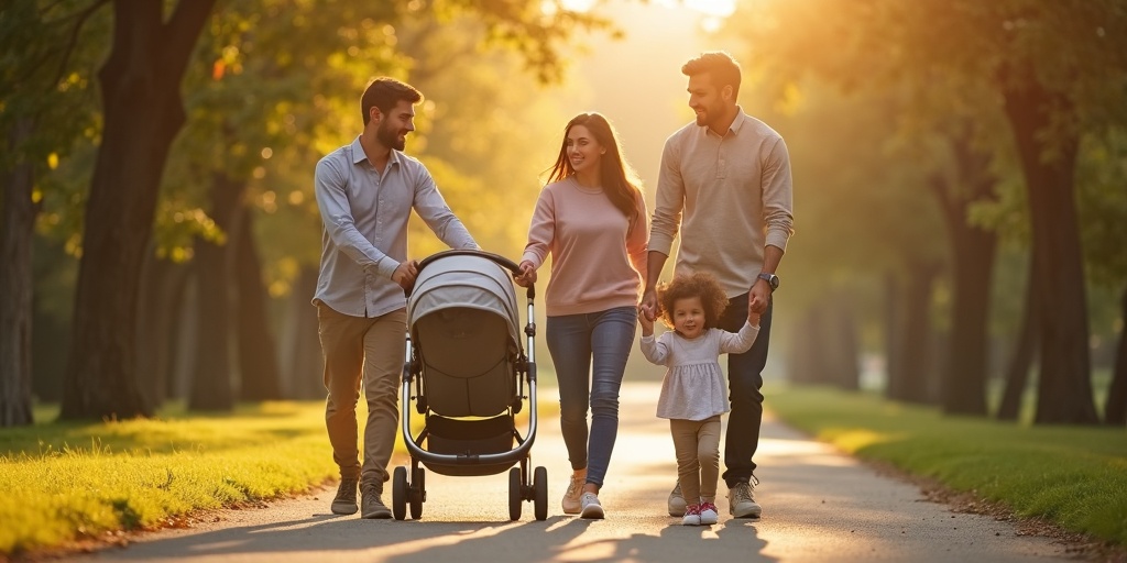 Familia paseando con carrito de bebé