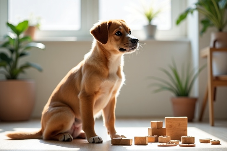 Dog focused on brain training puzzle toys in a bright modern space