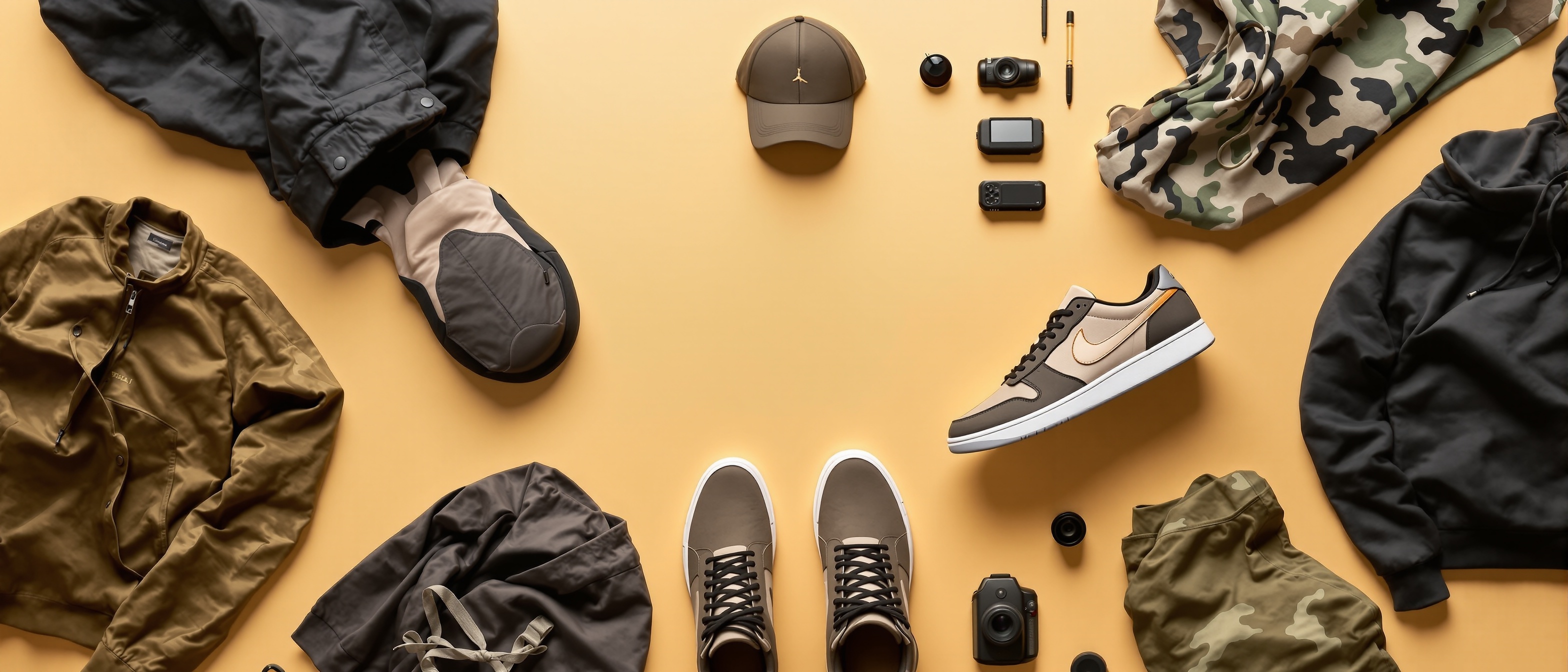 Curated fashion products on warm background