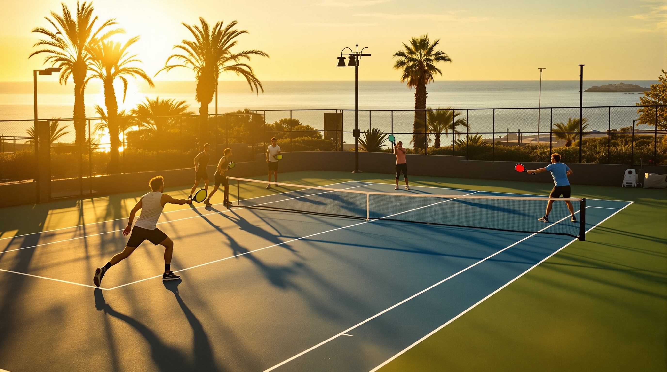 People playing padel tennis on a Mediterranean court