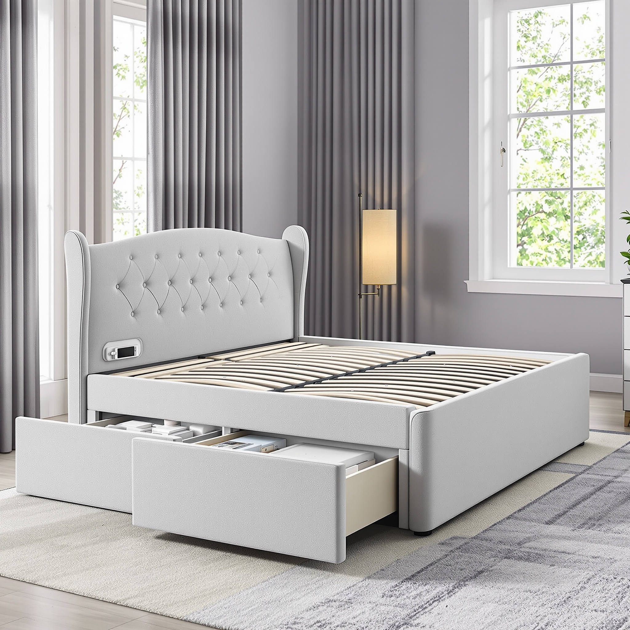 iPormis Queen Bed Frame with 4 Storage Drawers, Upholstered Platform Bed Frame with Charging Station, Modern Wingback Storage Headboard, Easy Assembly, Light Grey