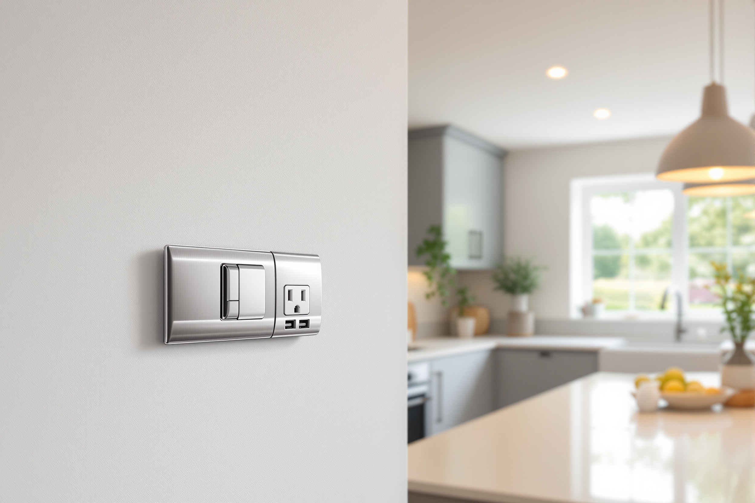 Modern UK kitchen with new electrical sockets and LED lighting