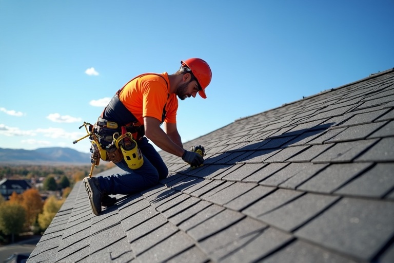 Professional roofing contractor installing shingles on a residential home in Colorado