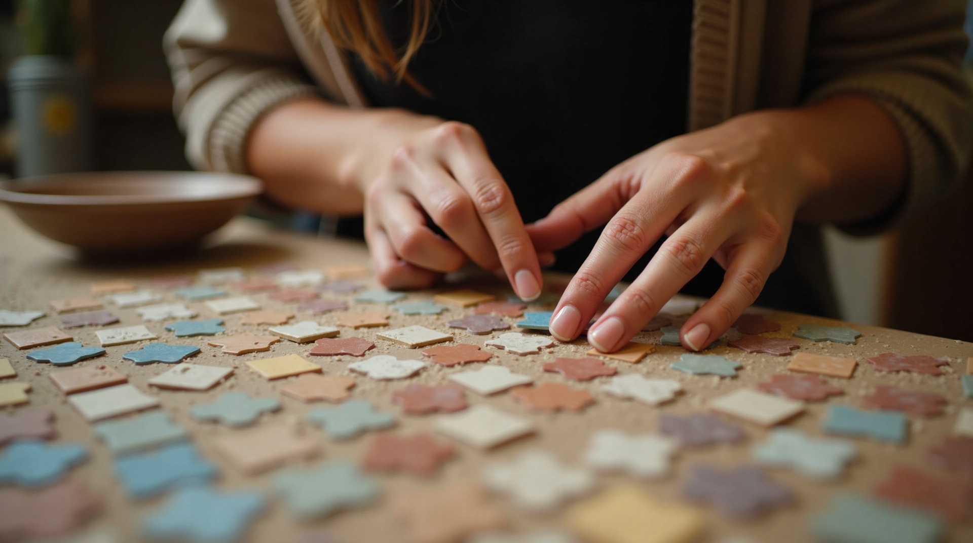 Hands creating mosaic artwork with colorful ceramic tiles in warm studio