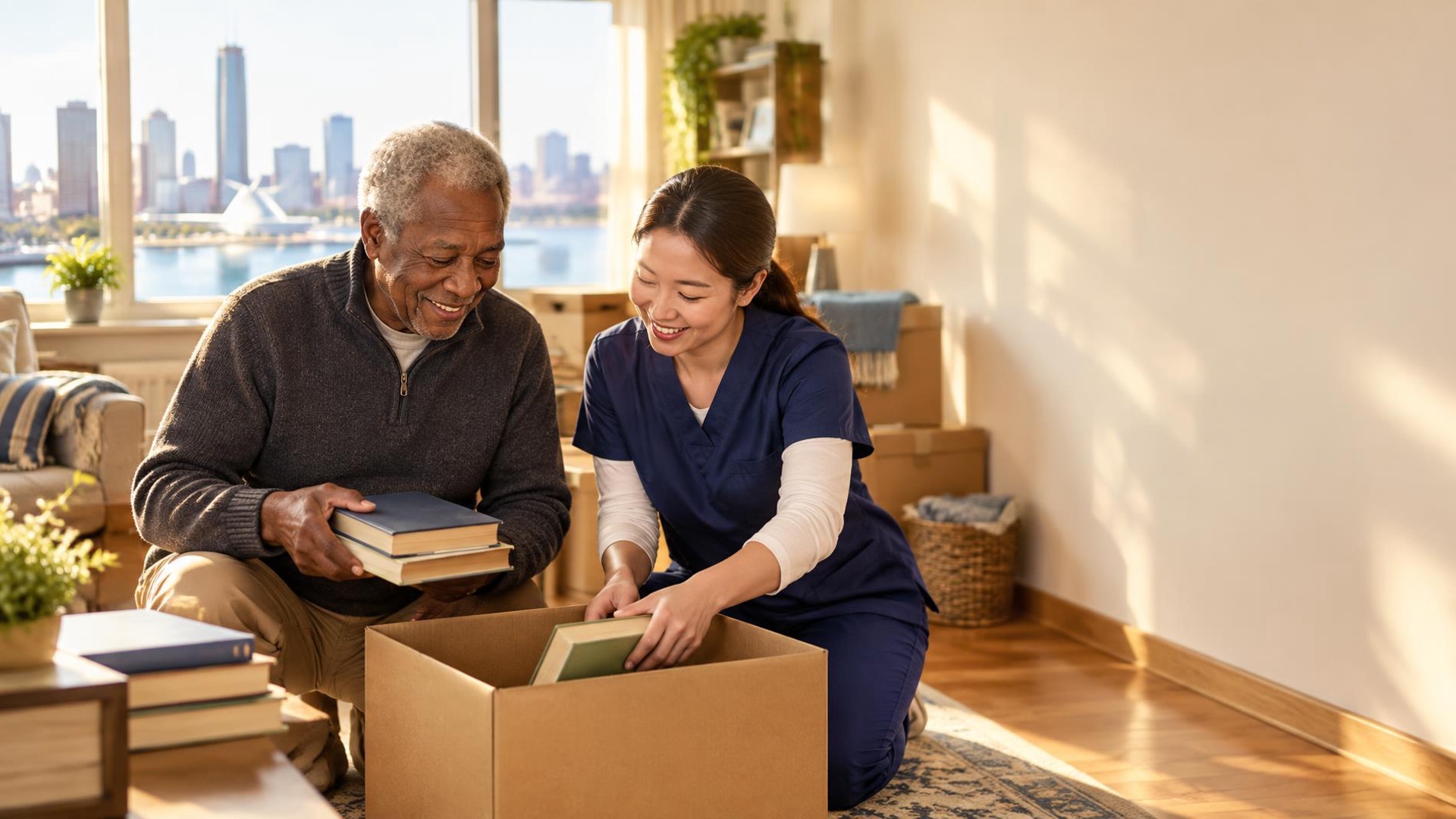 A Gift of Time senior move manager helping an elderly person pack and downsize in a bright Milwaukee home